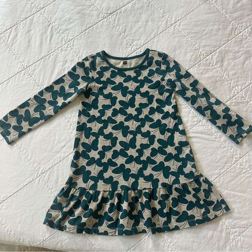 Tea Collection Teal Floral Ruffle-Hem Long Sleeve Dress